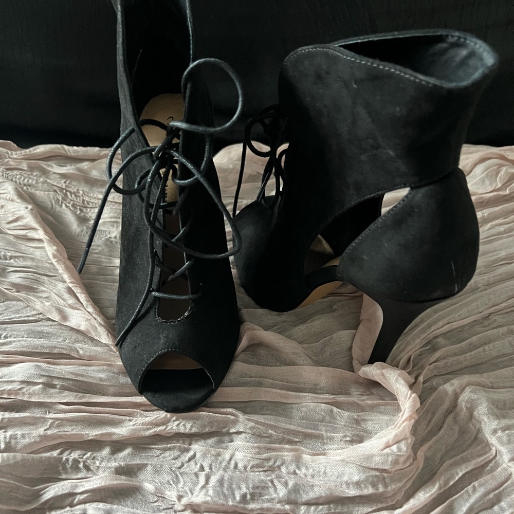 Black Suede Lace up Open Toe Bootie